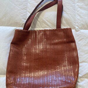 Talbots Leather Weave Woven Brown Handbag Purse Tote With Snap Closure, Pockets
